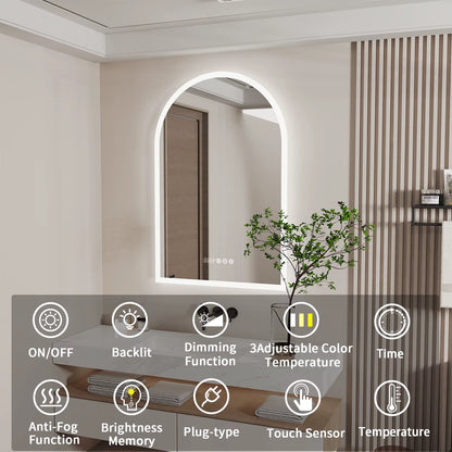 Backlit Smart LED Bathroom Mirror: 36 X 24 Inch Arched Dimmable 3 Colors Anti-Fog Lighted Mirrors with Time Temperature - CRI95