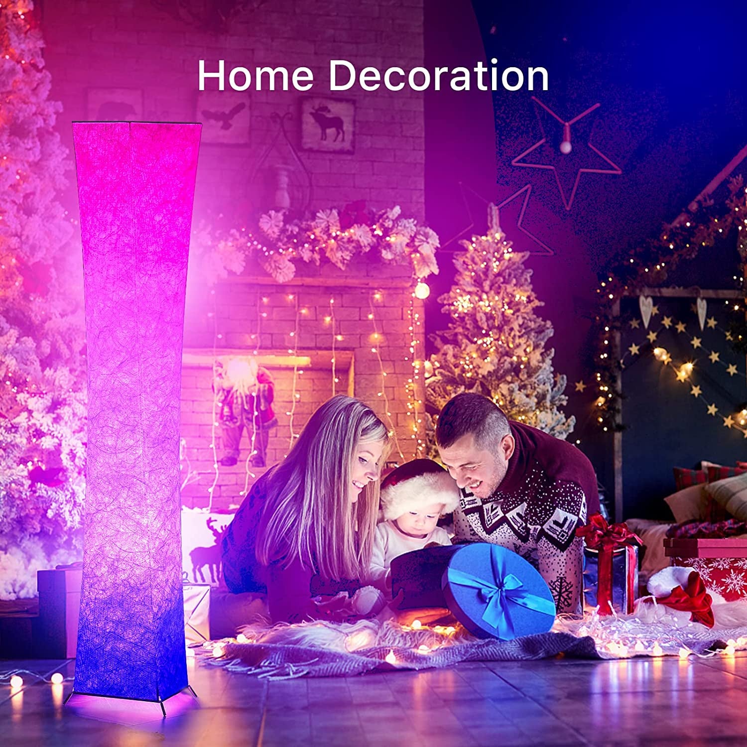 Floor Lamp, 52"(S) Standing Lamp, RGB Color Changing LED Bulbs, Adjustable Brightness Color Temperature, Purple Grandient Fabric Lampshade, for Living Room, Bedroom, Kids Room