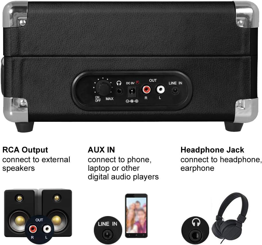 Portable Suitcase Turntable with Stereo Speaker,3 Speeds Belt-Drive Vinyl Record Player,Classic Black