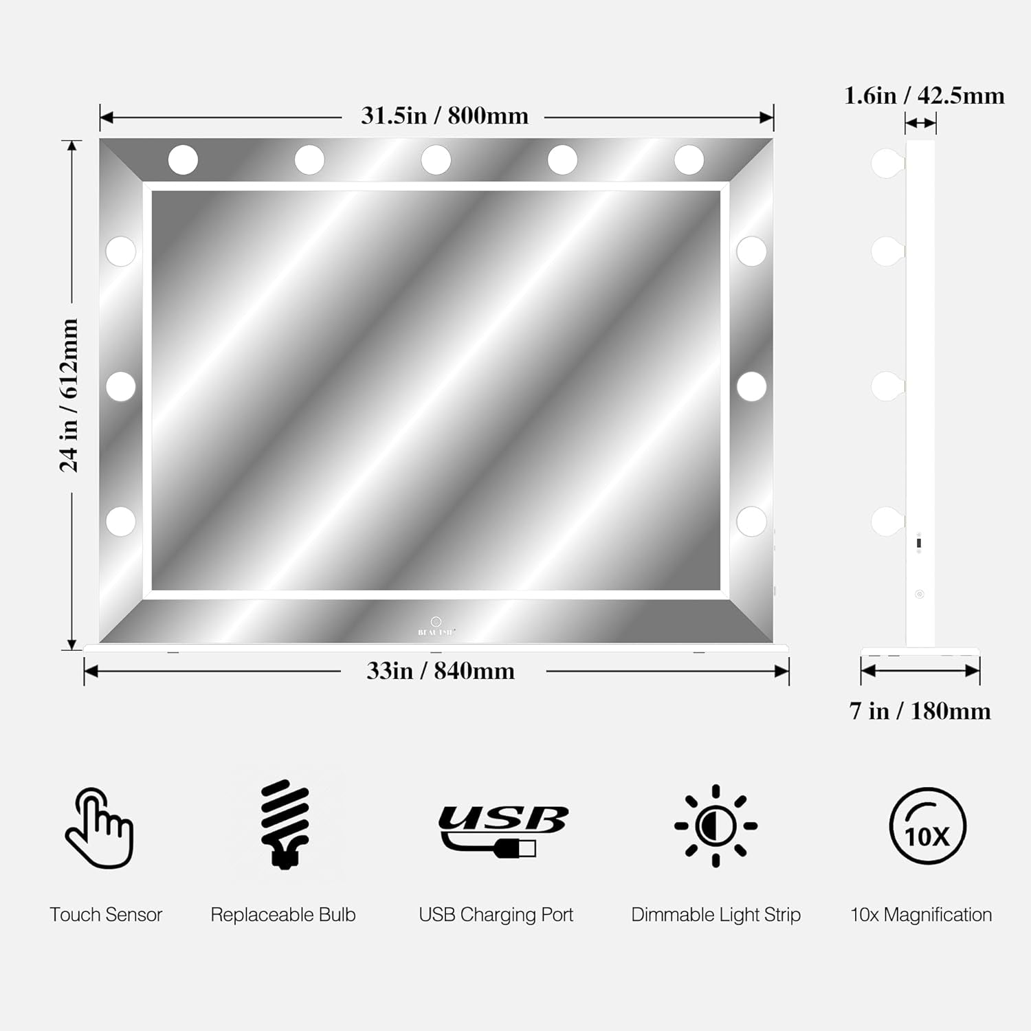 Vanity Mirror with Lights 33'' X 24'' Lighted Makeup Mirror with 11 Replaceable Bulbs and 10X Magnifier, USB Charging, Warm Light, Desktop or Wall Mounted (White)