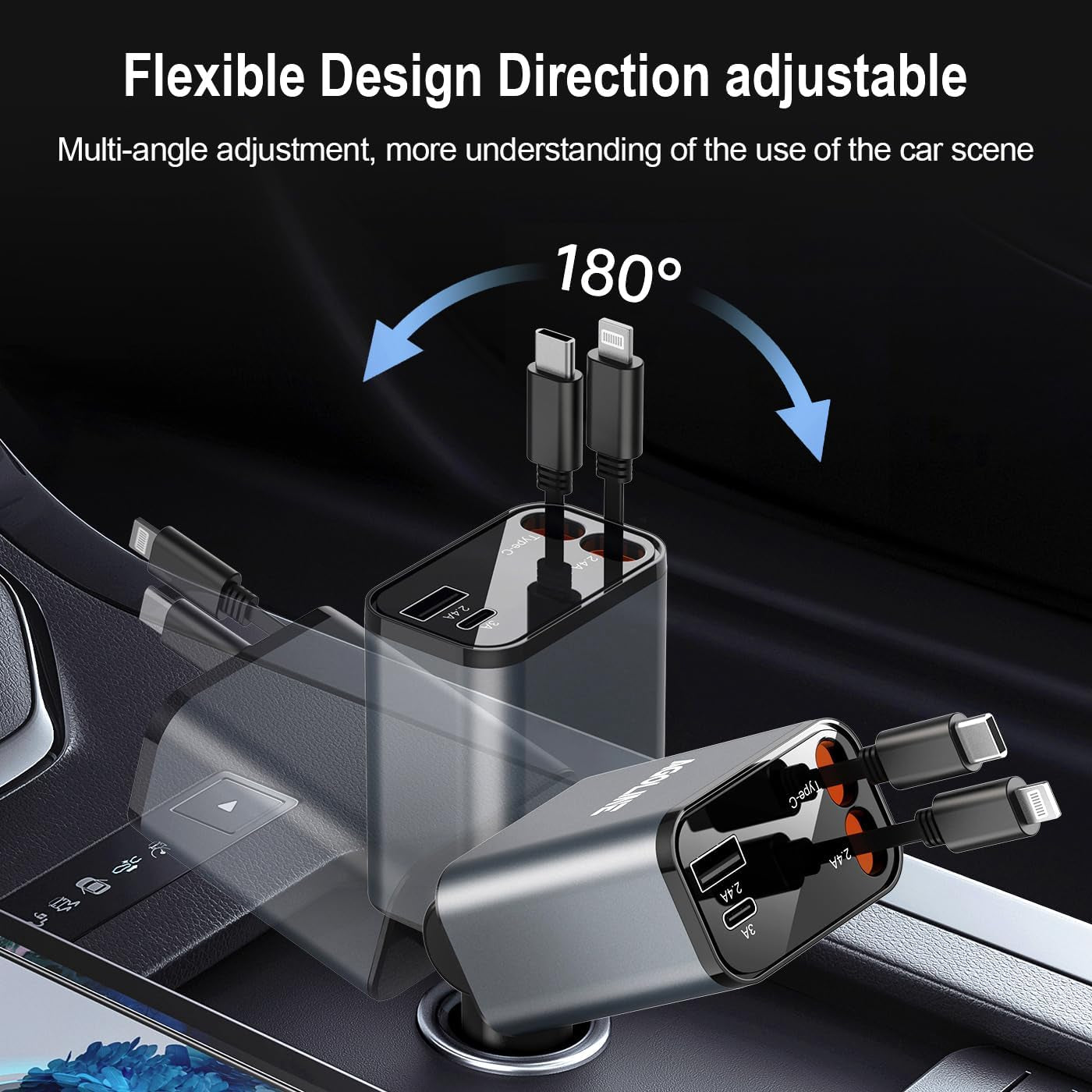 4 in 1 Retractable Car Charger,Smaller Super Fast Car Phone Charger with Retractable Cords, Car Charger Fast Charging,Usb C Car Charger Adpater Compatible with Iphone 16 15 14 13 Pro Max,Galaxy,Pixel