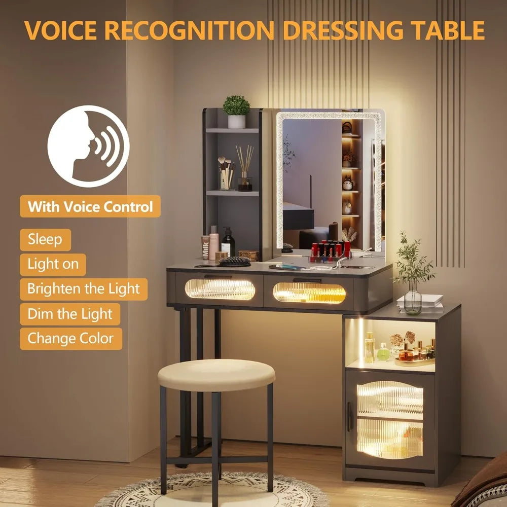 Vanity Desk with Mirror for Girls Gift, Small Makeup Vanity with Voice Activation & Wireless Charging, Dressing Table Matt Grey