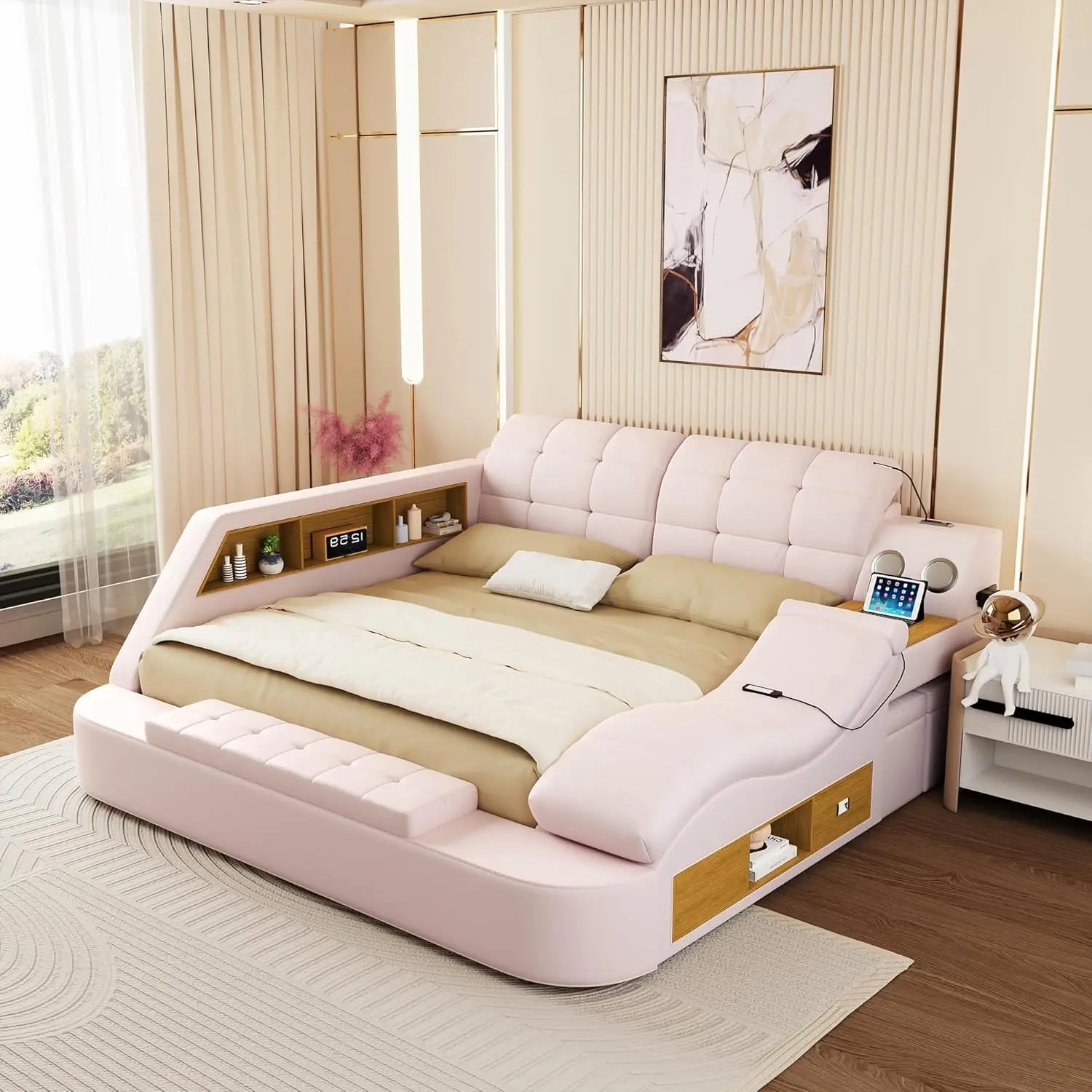 Luxury Smart King Bed Frame, Multifunction Bed Frame with Massage Recliner/Bluetooth Speaker/Usb Charging Station/Storage Drawer