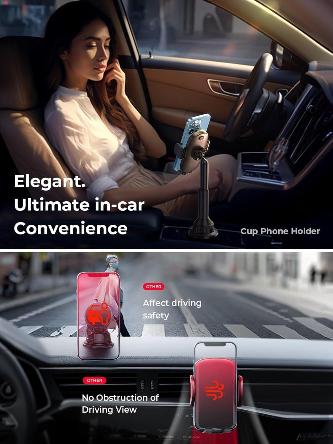 Cup Phone Holder for Car No Shaking Car Phone Holder Mount, 360° Adjustable Car Accessories for Women Truck SUV, Golf Accessories for Iphone 16E 16 15 14 13 Pro Max Samsung S25 All 4-7'' Phone
