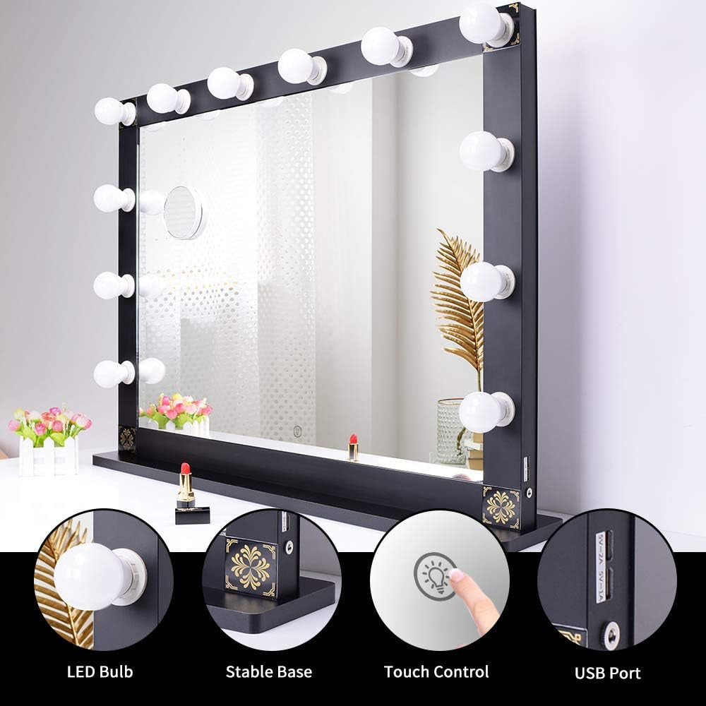 Hollywood Lighted Vanity Mirror, Tabletop Makeup Mirror with 12 Dimmer LED Bulbs, Large Dressing Cosmetic Mirror(Black)