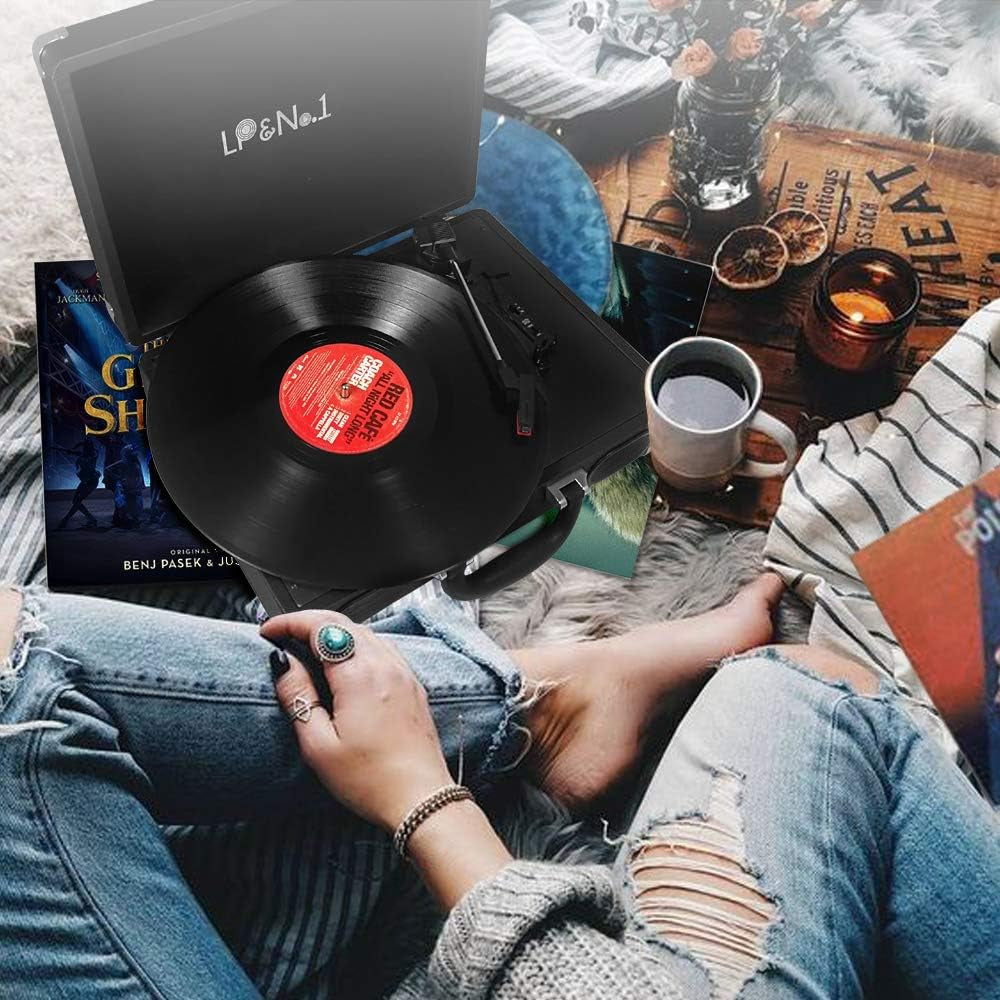 Portable Suitcase Turntable with Stereo Speaker,3 Speeds Belt-Drive Vinyl Record Player,Classic Black