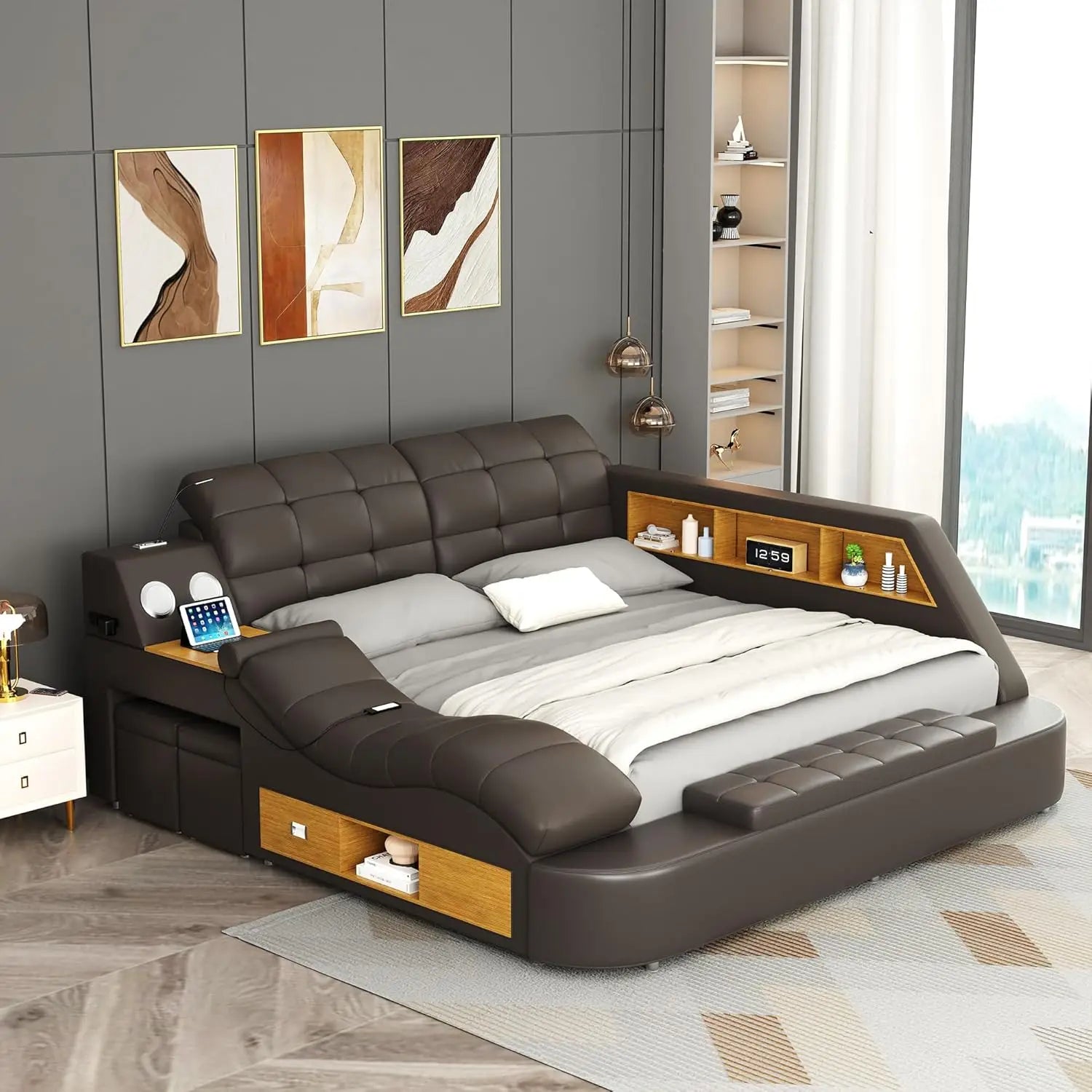 Luxury Smart King Bed Frame, Multifunction Bed Frame with Massage Recliner/Bluetooth Speaker/Usb Charging Station/Storage Drawer