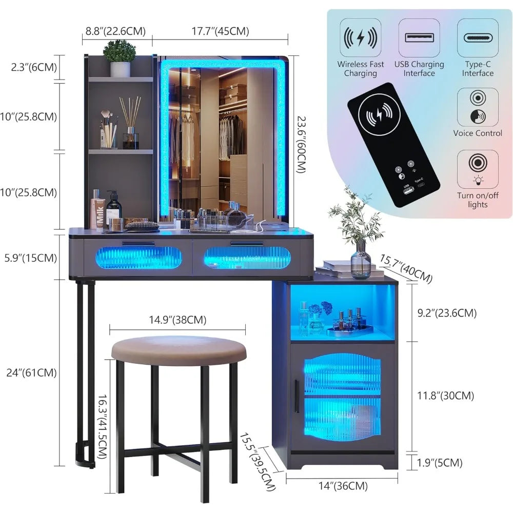 Vanity Desk with Mirror for Girls Gift, Small Makeup Vanity with Voice Activation & Wireless Charging, Dressing Table Matt Grey