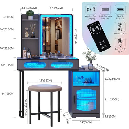 Vanity Desk with Mirror for Girls Gift, Small Makeup Vanity with Voice Activation & Wireless Charging, Dressing Table Matt Grey