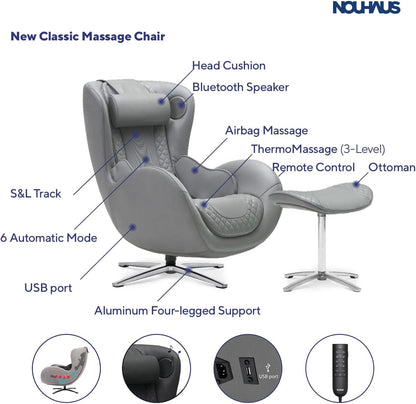 Heated Classic Massage Chair with Ottoman – Full Body & Spot Shiatsu Massager, Recliner with Bluetooth Speaker & In-Chair Charger – Portable & Ergonomic Design