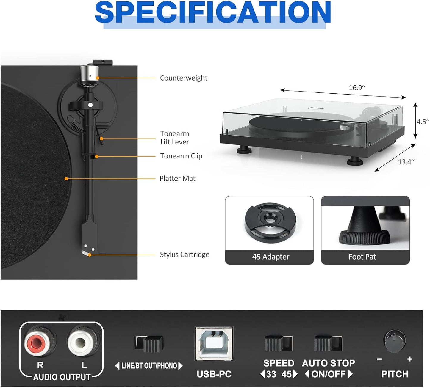 Vinyl Record Player Turntable with Bluetooth Output,Usb Recording,Counter Weight,Magnetic Cartridge,Belt Driven Turntable for Vinyl Records