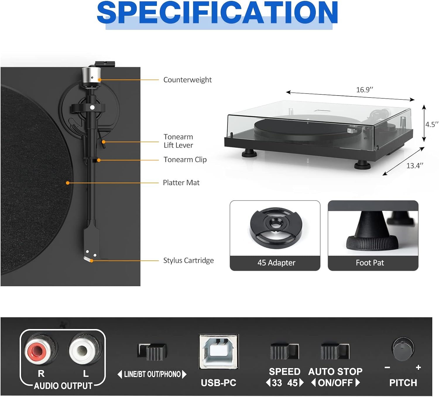 Vinyl Record Player Turntable with Bluetooth Output,Usb Recording,Counter Weight,Magnetic Cartridge,Belt Driven Turntable for Vinyl Records