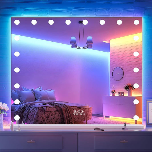 RGB LED Vanity Mirror with Front Light and RGB Backlit Lighted Hollywood Makeup Mirror with 18 Dimmable Bulbs Smart Touch for Bedroom (32"X39.37") White